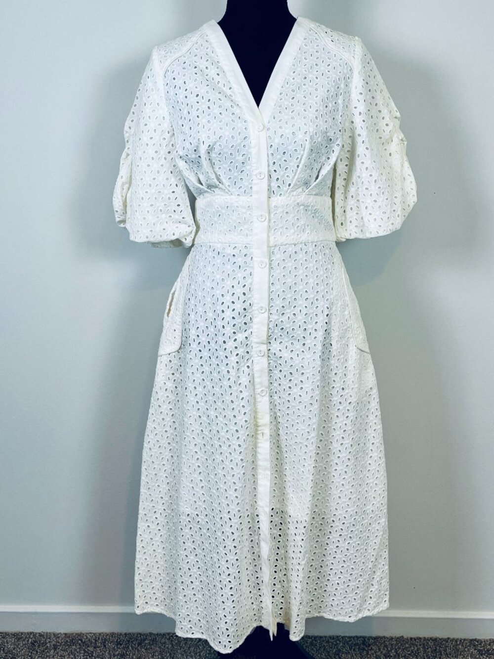 White 100% Cotton Eyelet Button Front Midi Dress, Size M